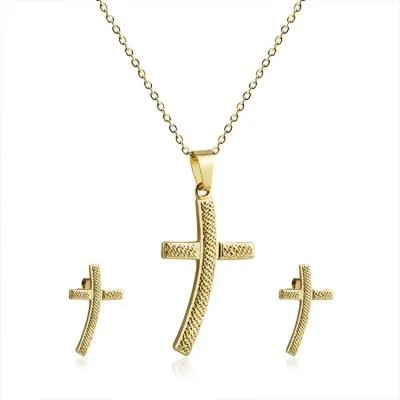 18k gold cross necklace and earring set