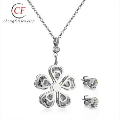 Cubic zirconia clover leaf stainless set jewelry