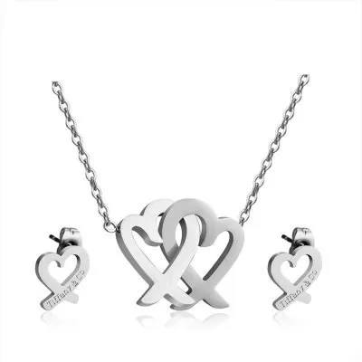 Steel color double crossed heart jewelry set