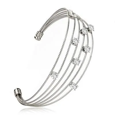 Silver stainless steel bangle with diamonds