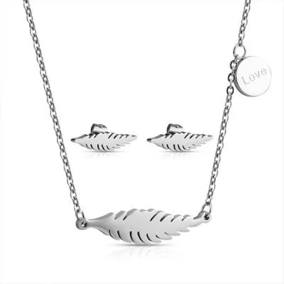 Silver stainless steel wing leaf jewelry set