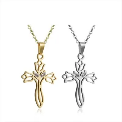 Vintage stainless steel flower cross pendant