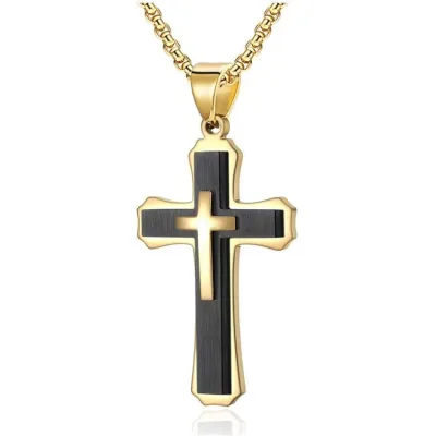 Multilayered Gold Stainless Steel Cross Pendant