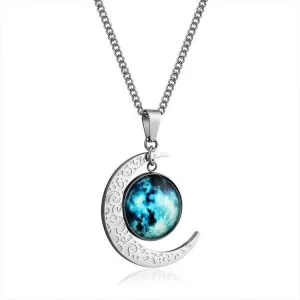 stainless steel blue earth moon necklace