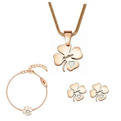 Rose gold four leaf clover jewelry set for mom