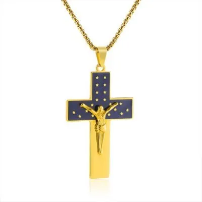 Blue stainless steel jesus cross necklace