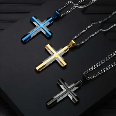 Stainless Steel Aqua Blue Cross Necklace