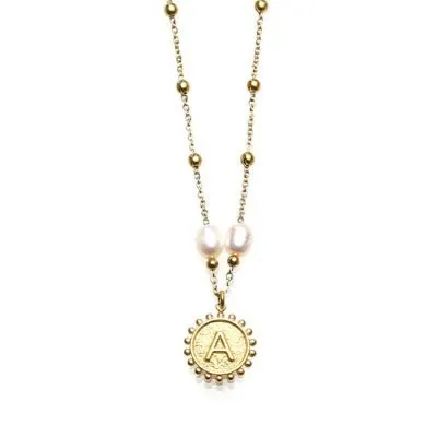 Stainless steel pearl initial disc pendant