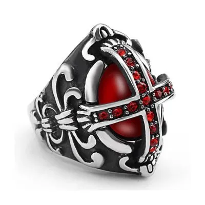 Gothic ruby cross stainless steel ring