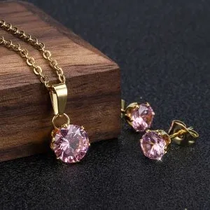 Stainless steel pink cz jewelry set