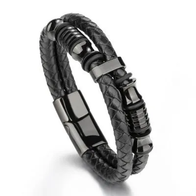 Stylish black leather wrist band bracelet