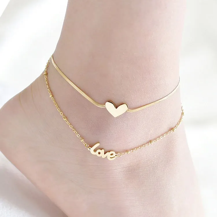 Two layers gold plated heart love anklet