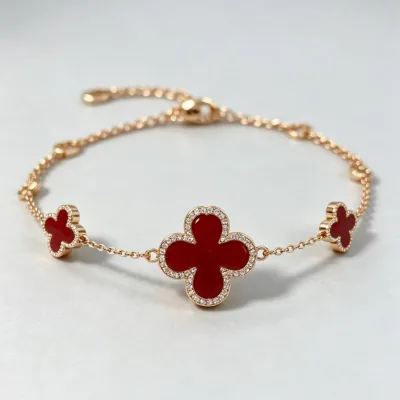 Custom Red Enamel Clover Rose Gold Stainless Steel Bracelet