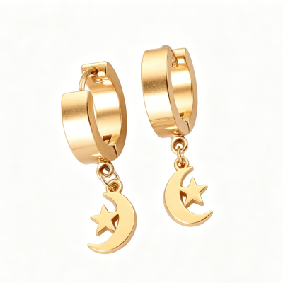 Gold Moon Star Stainless Steel Huggie Hoop Earrings