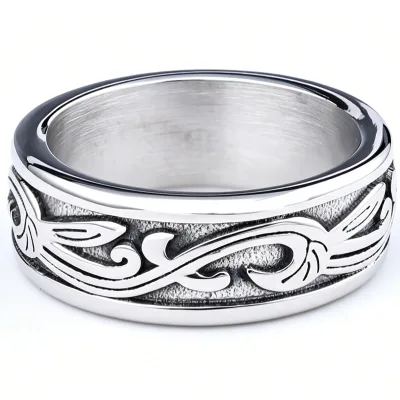 Custom Antique Scroll Engraved Stainless Steel Men’s Band Ring